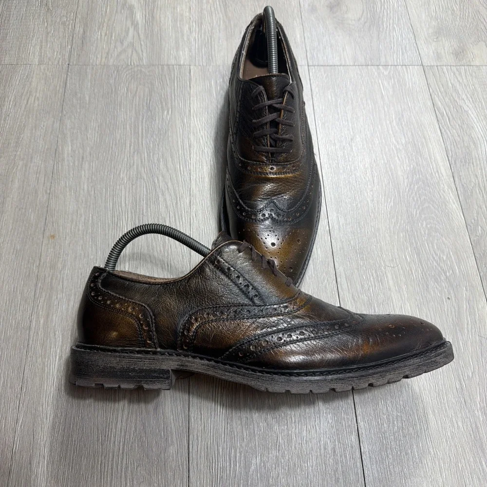 Mens Wingtip Dress Shoes Oxfords‎ Metallic Bronze Unique RED Saks Fifth Ave 10.5